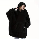 Cozy Double-Sided Fleece Hoodie Blanket - Thick, Wearable Couple's Loungewear with Pockets, Machine Washable, Black