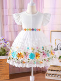 Girls Vibrant Princess Dress - Colorful Embroidered, Ruffle Sleeve, Mesh Splicing, Sweet Design - Perfect for Holiday Party, Summer Occasions, and Special Events