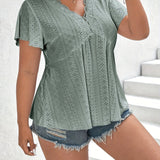 Plus Size Lace Trim Blouse, Elegant V Neck Short Sleeve Blouse For Summer, Women's Plus Size Clothing