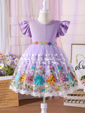 Girls Vibrant Princess Dress - Colorful Embroidered, Ruffle Sleeve, Mesh Splicing, Sweet Design - Perfect for Holiday Party, Summer Occasions, and Special Events