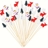 100pcs Wooden Festive Christmas Cocktail Picks - Sticks With Snowflakes, Snowmen, Reindeer & Trees For Holiday Drinks, Appetizers & Party Decorations