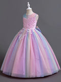 Rainbow Princess Dress for Girls - Lace, Tulle, and Flower Accents - Perfect for Wedding, Pageant, Runway, Piano Performance, and Special Occasions