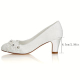 Wedding Shoes Closed Chunky Heel Lace Satin Pumps With Lace Flower Rhinestone Bridal Shoes