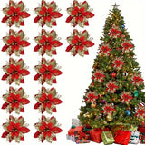 10pcs Sparkling Glitter Poinsettia Flowers - Artificial Christmas Tree Ornaments, Red Holiday Decor for Home & Wreaths, Christmas Decor