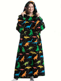 Plus Size Cute Nightgown, Women's Plus Puppy Print Long Sleeve Cozy Flannel Hooded Wearable Blanket With Pockets