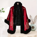 Glamorous Peacock Pattern Faux Fur Collar Shawl Cardigan - Winter Thickened Warmth for Stylish Women - Noble Design, Cheongsam-Inspired Cloak