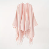 Solid Color Tassel Cardigan Poncho Simple Imitation Cashmere Open Front Large Shawl Women's Autumn Winter Outside Warm Coldproof Shawl Cape