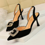 LUTAOTIE Women's Low-cut Pointed Toe Suede Hollow-out Back Strap Metal Rhinestone Heels