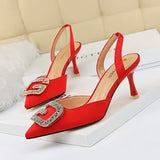 LUTAOTIE Women's Low-cut Pointed Toe Suede Hollow-out Back Strap Metal Rhinestone Heels