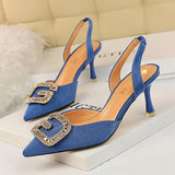 LUTAOTIE Women's Low-cut Pointed Toe Suede Hollow-out Back Strap Metal Rhinestone Heels