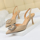 LUTAOTIE Women's Low-cut Pointed Toe Suede Hollow-out Back Strap Metal Rhinestone Heels