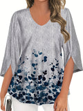 Plus Size Elegant Floral Print V-Neck 3/4 Sleeve Blouse for Women - Soft Slight Stretch Polyester Fabric, Casual Pullover Shirt for Going Out in Summer - Elegant Shirting with Positioning Printing