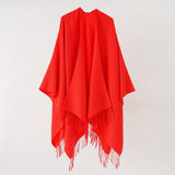 Solid Color Tassel Cardigan Poncho Simple Imitation Cashmere Open Front Large Shawl Women's Autumn Winter Outside Warm Coldproof Shawl Cape