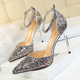 LUTAOTIE Women's Stiletto Low-cut Pointed-toe Hollowed Sequined Sexy Heels