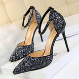 LUTAOTIE Women's Stiletto Low-cut Pointed-toe Hollowed Sequined Sexy Heels