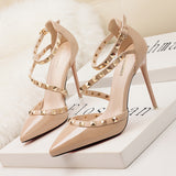 LUTAOTIE 1138-13 European and American Simple Sexy Nightclub Stiletto Heel High Heels Shallow Mouth Pointed Rivets Hollow-out Strap Sandals