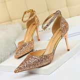 LUTAOTIE Women's Stiletto Low-cut Pointed-toe Hollowed Sequined Sexy Heels