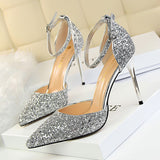 LUTAOTIE Women's Stiletto Low-cut Pointed-toe Hollowed Sequined Sexy Heels