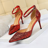 LUTAOTIE Women's Stiletto Low-cut Pointed-toe Hollowed Sequined Sexy Heels