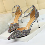 LUTAOTIE Women's Stiletto Low-cut Pointed-toe Hollowed Sequined Sexy Heels