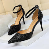 LUTAOTIE Women's Stiletto Low-cut Pointed-toe Hollowed Sequined Sexy Heels