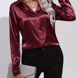 Plus Size Elegant Lapel Collar Long Sleeve Shirt - Soft Slight Stretch Polyester Fabric, Machine Washable, Solid Color, and Perfect for Spring, Summer, and Fall Seasons