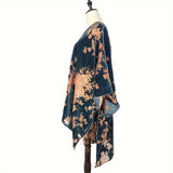 Vibrant Velvet Shawl Wrap - Soft, Warm, Windproof Kimono Cardigan for Women - Elegant Burnout Flower Print, Cozy Outerwear for Chilly Days