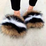 Womens Fashionable Colorblock Fluffy Ball Slides - Soft Slip-On Open Toe Shoes - Ultra-Comfortable Non-Slip Indoor Plush Loungers