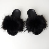 Womens Fashionable Colorblock Fluffy Ball Slides - Soft Slip-On Open Toe Shoes - Ultra-Comfortable Non-Slip Indoor Plush Loungers