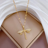 Creative Hollow Dragonfly Pendant Stainless Steel Chain, Crystal Hollow Dragonfly Pendant Necklace Women Necklace Girls