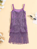 Stylish Girls Slingback Cami Dress - Elegant Layered Design, Tassel Detail, Medium Stretch Polyester Fabric, Hand Wash or Dry Clean, Solid Color, Perfect for Summer Performance