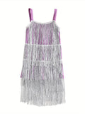 Stylish Girls Slingback Cami Dress - Elegant Layered Design, Tassel Detail, Medium Stretch Polyester Fabric, Hand Wash or Dry Clean, Solid Color, Perfect for Summer Performance