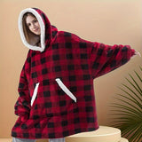 Cozy Wearable Blanket Hoodie: Contemporary Plaid Oversized Sherpa Fleece Pullover with Kangaroo Pocket, Machine Washable, Perfect for Home & Outdoor Use