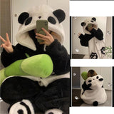 Cozy Panda Cartoon Wearable Blanket - Soft Flannel Hoodie with Sleeves, Thick Long Robe for Autumn/Winter Home Comfort