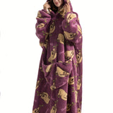 Cozy Plus Size Sloth Print Robe - Soft Womens Flannel Wearable Hooded Blanket - Comfy & Adorable Extra Long Sleepwear for All Seasons