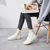 Genuine Leather Soft Bottom Booties Women's Four Seasons Soft Leather Comfortable High-Top Women's Shoes Tendon Bottom High Wedge Shoes Creamy-white Female Boots