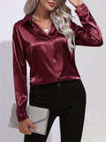 Plus Size Elegant Lapel Collar Long Sleeve Shirt - Soft Slight Stretch Polyester Fabric, Machine Washable, Solid Color, and Perfect for Spring, Summer, and Fall Seasons