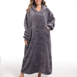 Plus Size Flannel Wearable Blanket Hoodie Fluffy Lounge Robe, Women's Plus Warm Fleece Cozy Casual Nightgown With Durable Pockets