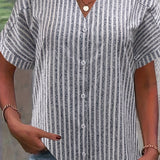 Plus Size V-Neck Stripe Print Shirting Blouse - Soft Slight Stretch Fabric, Button Front, Notched Neck, Casual Short Sleeve Style - Ideal for Spring, Summer, and Fall Seasons