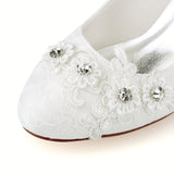 Wedding Shoes Closed Chunky Heel Lace Satin Pumps With Lace Flower Rhinestone Bridal Shoes