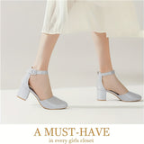 2.25 Inches Closed Toe Heels For Women - Silver Round Toe Chunky Wedding Block Women Pumps Shoes