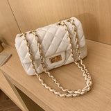 Elegant Turn-Lock Quilted Crossbody Bag - Classic Solid Color Fashion PU Handbag with Luxe Chain Strap