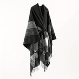 Black White Striped Tassel Cardigan Poncho Casual Thick Soft Warm Cross Shawl Autumn Winter Outdoor Windproof Blanket Shawl