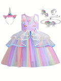 Girls' Enchanting Unicorn 5-piece Dress & Jewelry Set - Durable, Non-Sheer for Parties and Performances