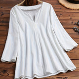 Plus Size Chic Solid Blouse with Flattering V-Neck - Effortless 3/4 Sleeve Casual Style for Spring - Curvy Womens Fashion