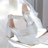 2.25 Inches Closed Toe Heels For Women - Silver Round Toe Chunky Wedding Block Women Pumps Shoes