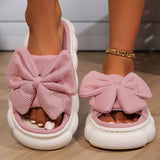 Women's Bow Linen Slippers, Breathable Contrast Color Soft Sole Platform Shoes, Comfy Indoor Floor Slippers