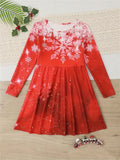 Women's Long Waist Red Snowflake Casual Christmas Dress with Big Hem Skirt