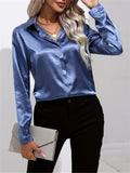 Plus Size Elegant Lapel Collar Long Sleeve Shirt - Soft Slight Stretch Polyester Fabric, Machine Washable, Solid Color, and Perfect for Spring, Summer, and Fall Seasons