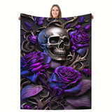 1pc Throw Blanket, Purple Rose And Skull Printed Blanket, Warm Cozy Soft Blanket For Couch Bed Sofa Car Office Camping Travelling, Valentine's Day Gift Blanket Suitable For All Seasons For Halloween